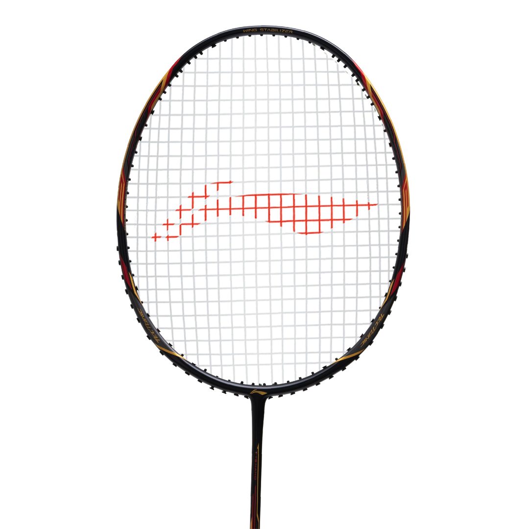 Close up of Li-Ning Tectonic 3R Badminton racket- black/ gold/ red