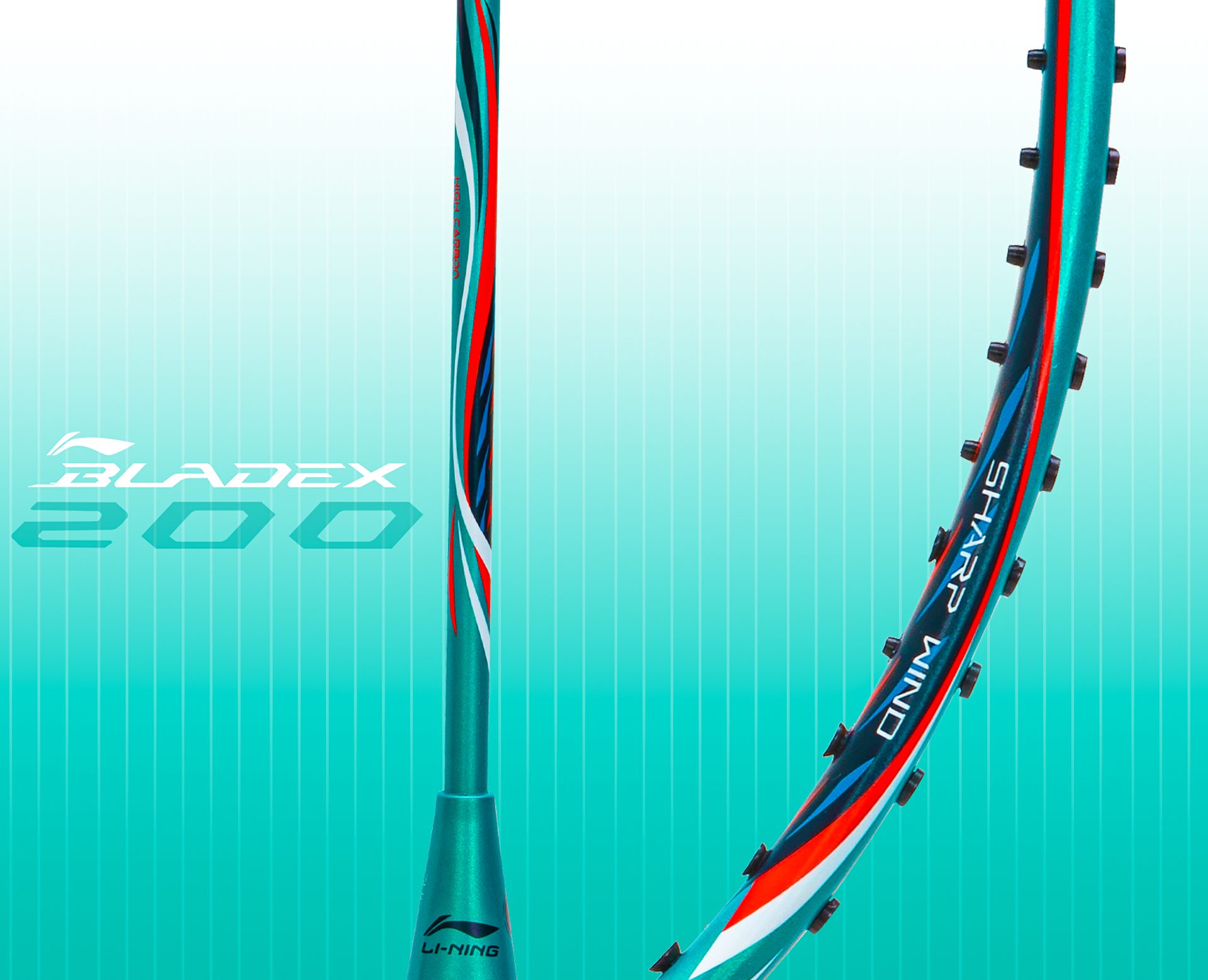 Close up view of Blade X 200 Badminton racket shaft, frame by Li-Ning Studio