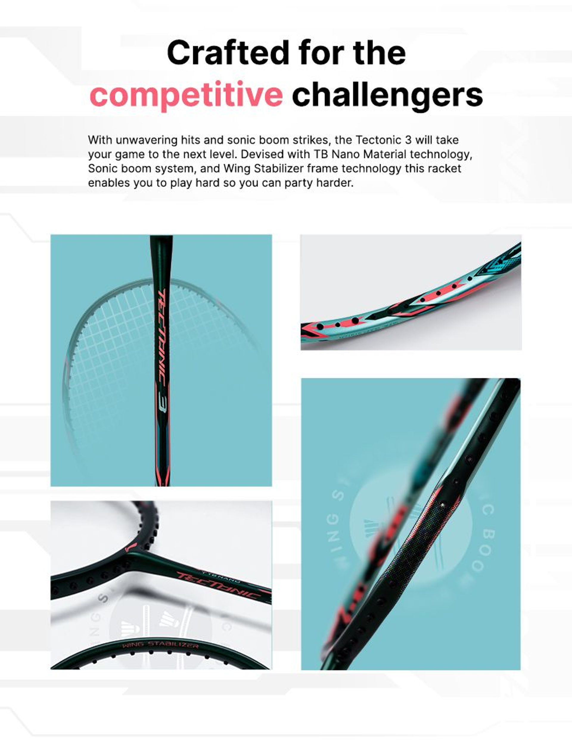 Close up of Tectonic 3 Badminton racket features by Li-Ning Studio